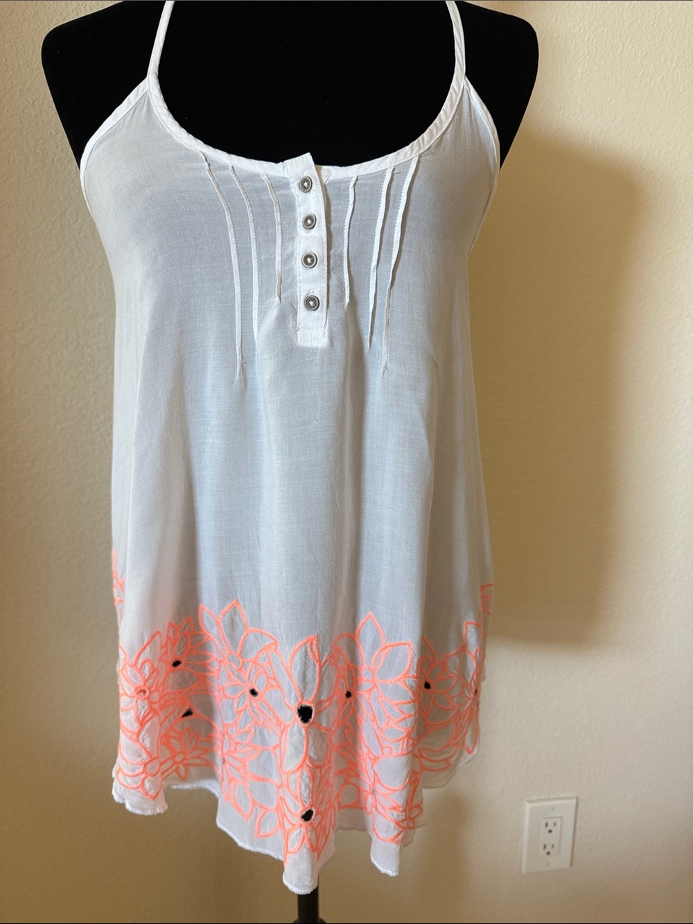 Xhilaration White Camisole Tank with Neon Coral Floral Hem Embroidery